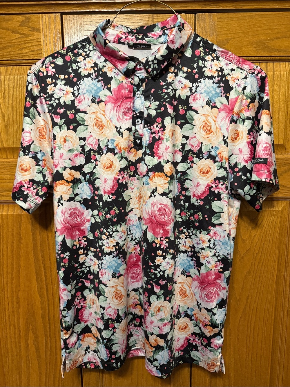 Bad Birdie Floral Short-Sleeve Golf Polo Shirt - Black with Pink & Cream Roses-